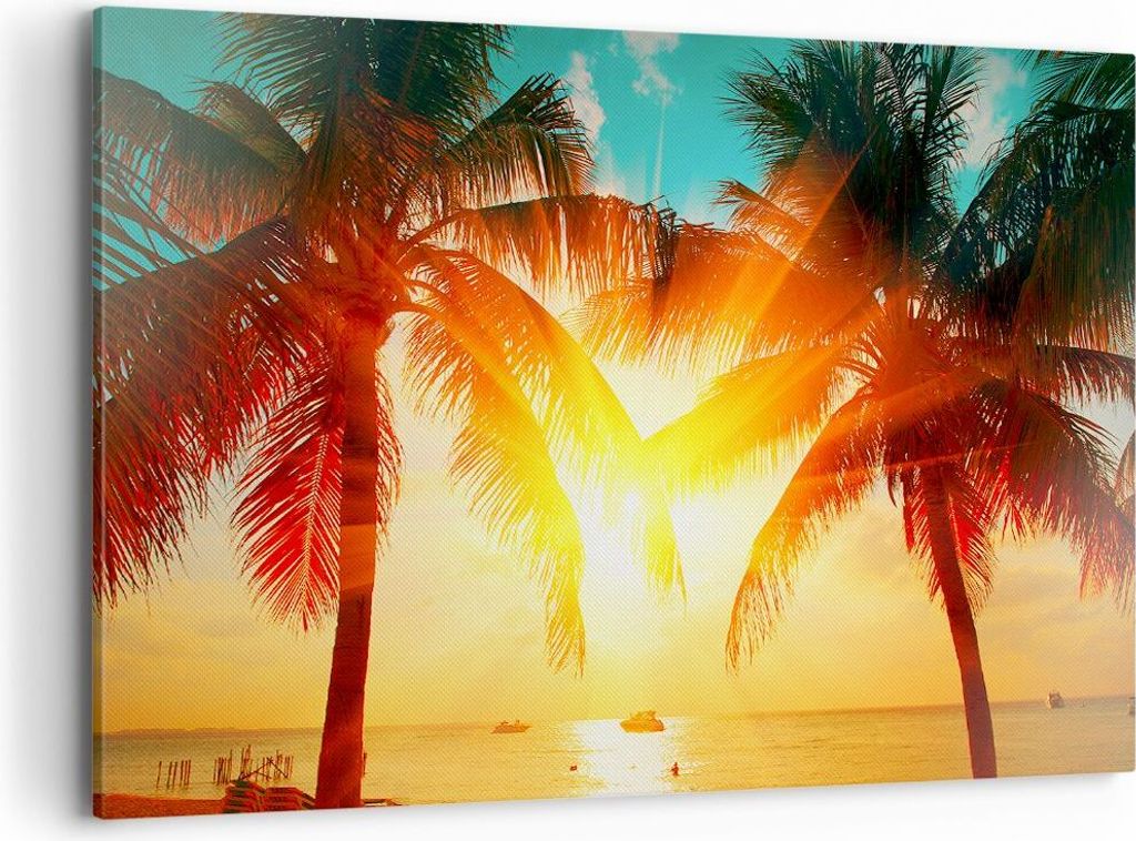 Bild auf Leinwand - Leinwandbild - Meer Palme Wasser - 120x80cm - Wand Bild - Wanddeko - Wandbilder - Leinwanddruck - Bilder - Kunstdruck - Wanddek...
