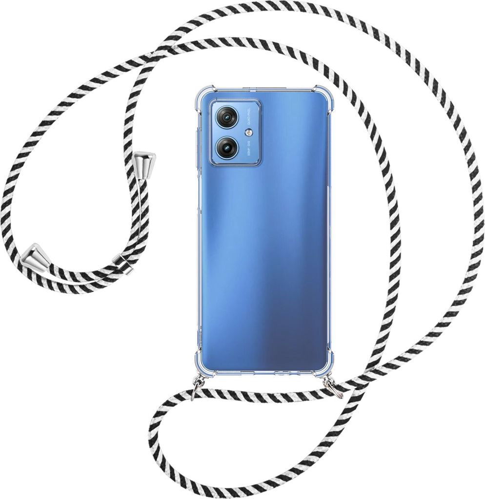 Handykette Backcover-Schutzhülle mit Band (Metall silberfarben) für Motorola Moto G54 5G (XT-2343-1, 6.5'') - schwarz/weiß gestreift