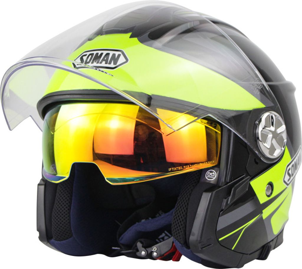 Motorradhelm 3/4 Elektrische Helemets Dual Visor Halbwand Schwarzes fluoreszierendes grünes Licht XL