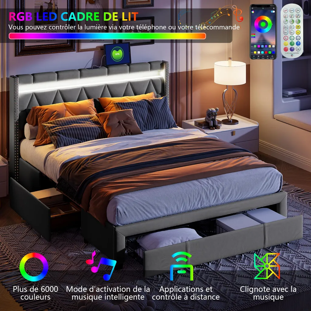 Lit 160x200 cm : Solution gain de place avec 4 tiroirs et LED intégrées - 3