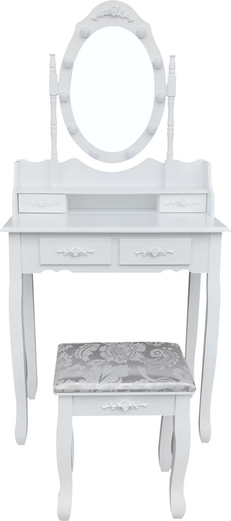 A white vanity table with a lighted mirror and a matching stool, set against a white background.