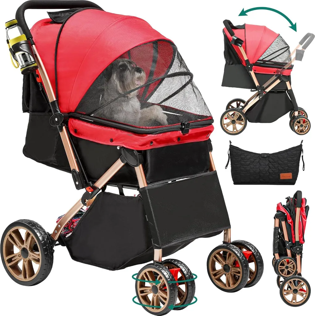 Poussette pliable pour animaux avec panier de rangement - Coloris Rouge