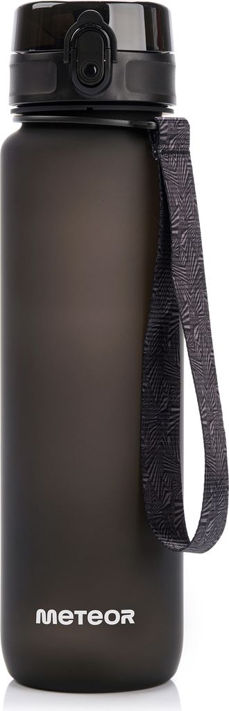 A black water bottle with a strap and a logo on the bottom.