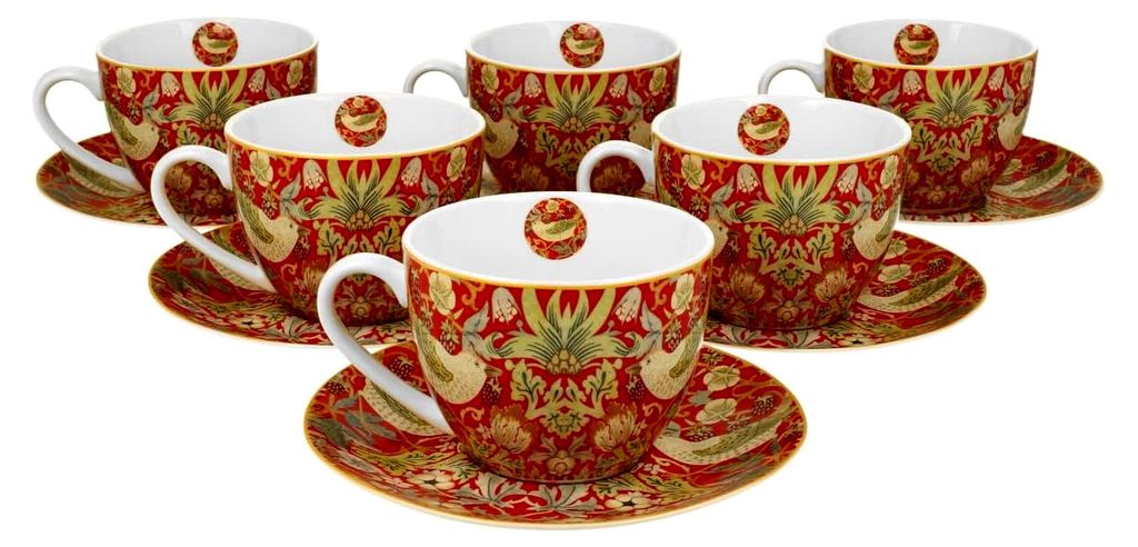 ART GALLERY 6er-Set Tassen 220 ml STRAWBERRY THIEF RED mit Untertassen aus New Bone China Porzellan