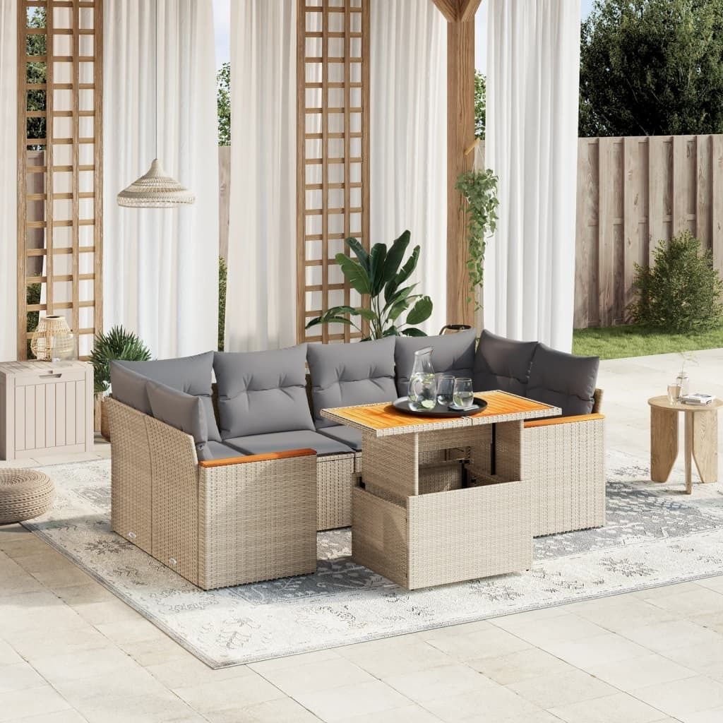 "Rabatt" 7-tlg. Garten-Sofagarnitur - mit sofa - mit Kissen Beige Poly Rattan - Lounge-Dining set CC10649