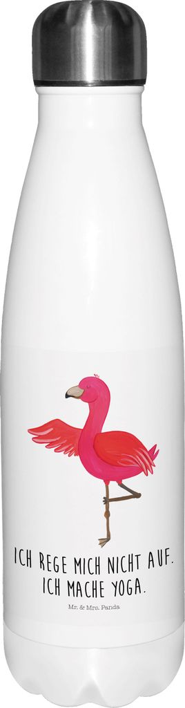 Mr. & Mrs. Panda Trinkflasche Flamingo Yoga - Weiß - Geschenk, Rosa, Thermos, Namaste, Baum, thermo, trinkflaschen, Entspannt, thermosflaschen, Au...