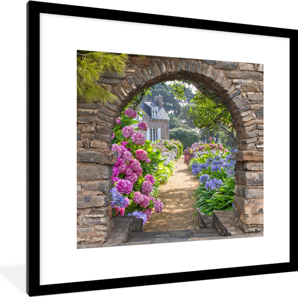 MuchoWow Gerahmtes Poster Blumen - Guck-guck - Hortensie - Sommer 40x40 cm - Poster mit Schwarzem Bilderrahmen Wandposter Rahmen Foto Bilder - Po...