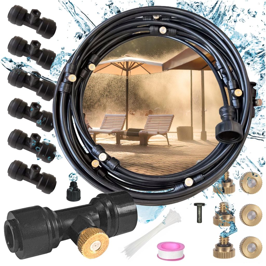 Sprühnebel Kühlsystem 10m für Terrasse & Garten, Wasservorhang mit 6 Messingdüsen, Bewässerungssystem für Gewächshaus, EVI GARDEN HydroLine ...