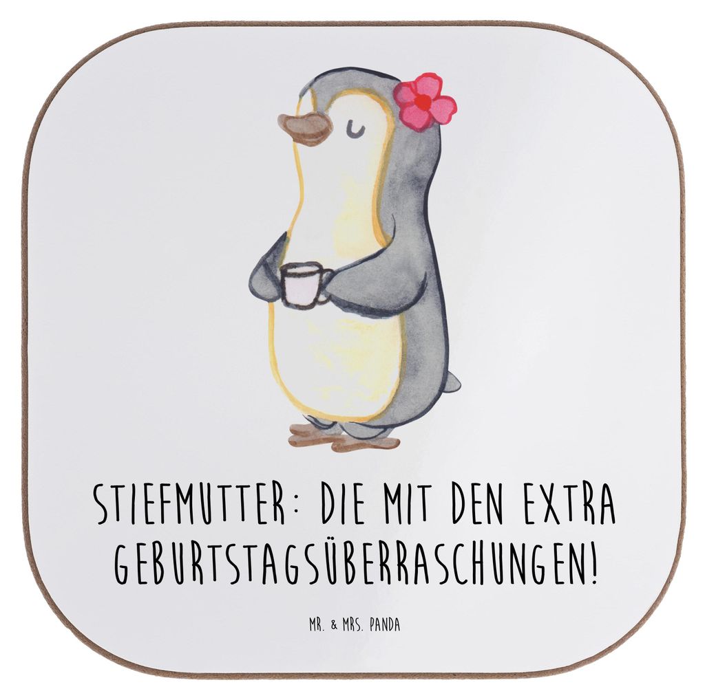 Mr. & Mrs. Panda Tassenuntersetzer Stiefmutter Überraschungen - Weiß - Geschenk, Becheruntersetzer, Herz, Tischuntersetzer, Holzuntersetzer, Gebu...