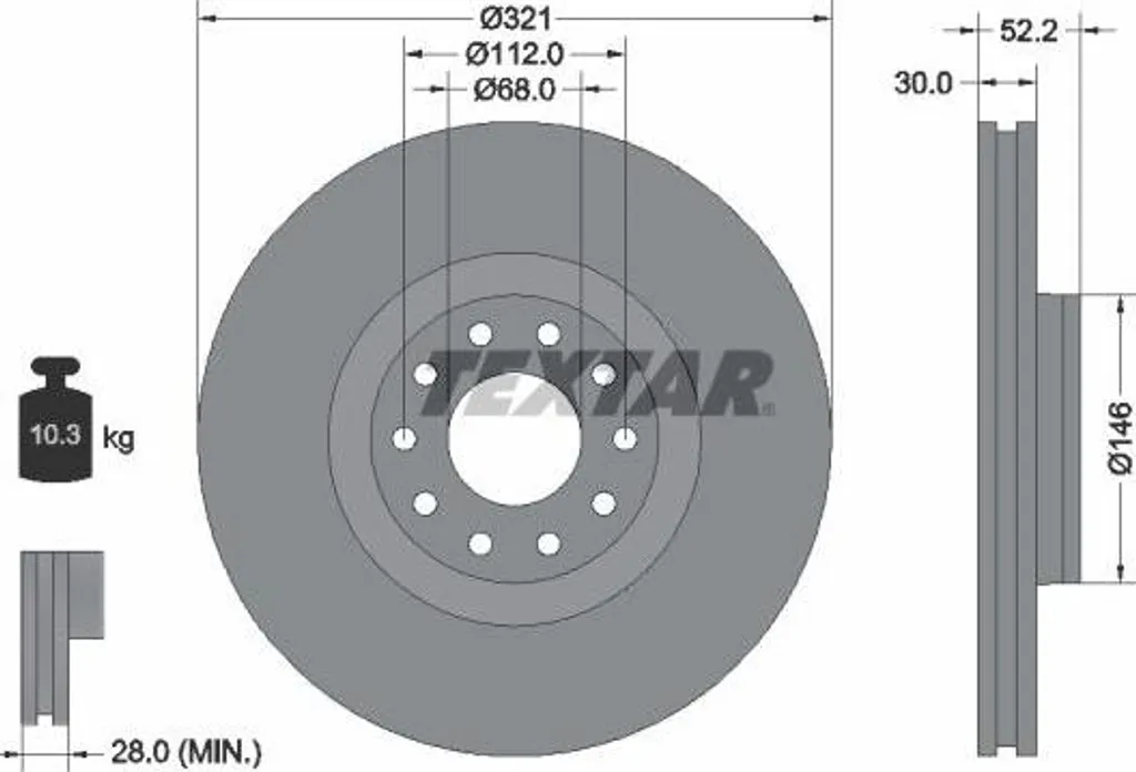 Textar 92154703 Disque de Frein 312mm Haute Teneur en Carbone pour Audi