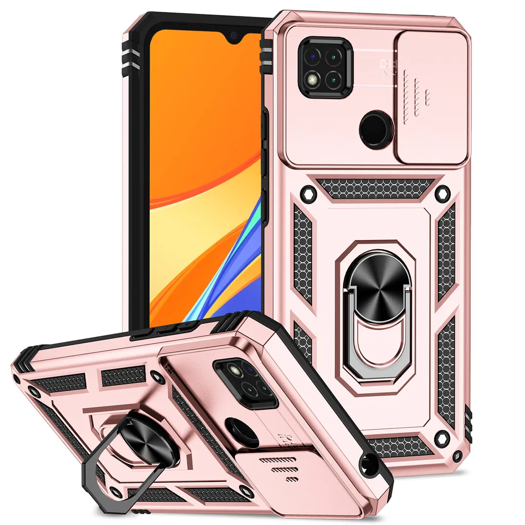 Custodia per Xiaomi Redmi 10A / 9C a doppio strato con copertura scorrevole della fotocamera e supporto ad anello Rosa