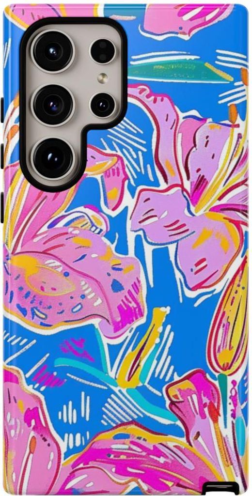Glänzendes Blumenmuster in Pink und Gelb – Hülle Kompatibel mit Samsung Galaxy S24 Ultra