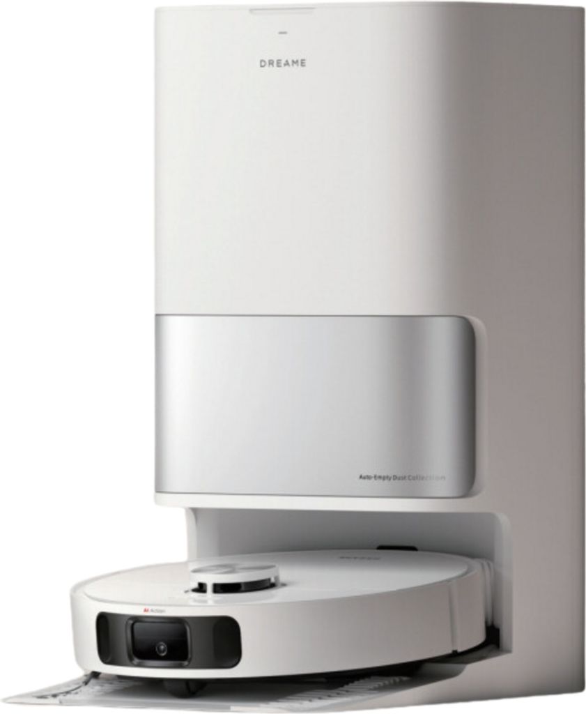 A white Dreame brand robot vacuum cleaner and its charging dock against a white background.