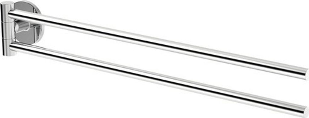 A chrome double towel rack mounted on a wall.