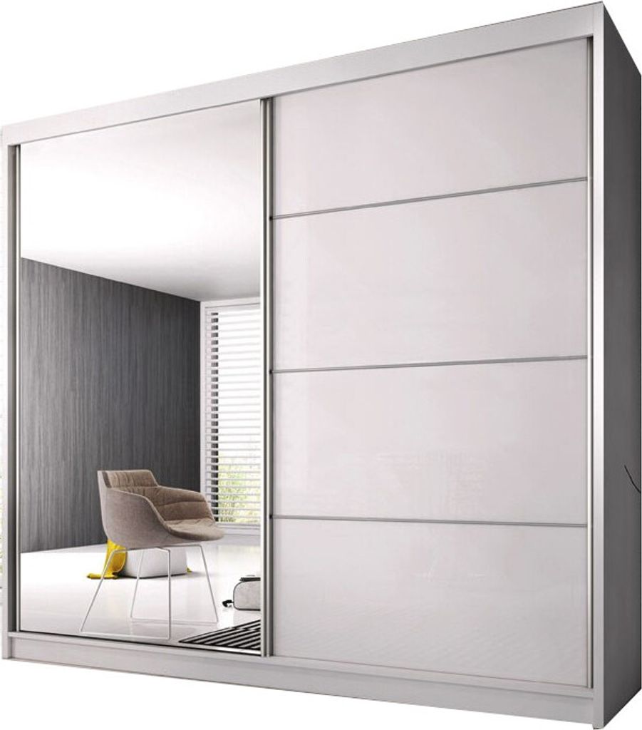 Schiebetürenschrank K006 203x61x218 cm (Weiß) Kleiderschrank, Garderobe, Garderobenschrank mit Einlegeböden und Kleiderstange Eleganter Schiebet...