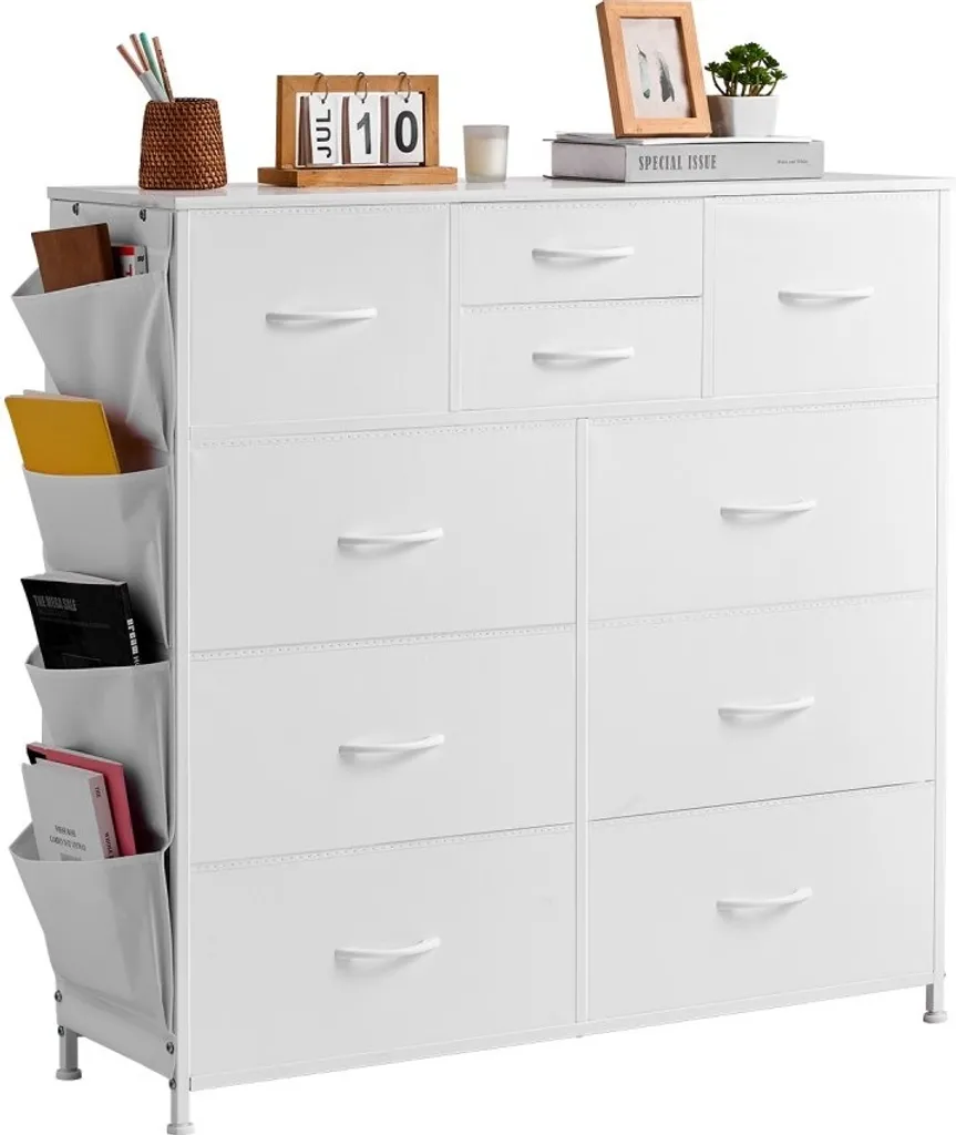Commode blanche 10 tiroirs en tissu et cadre acier - Rangement 100cm