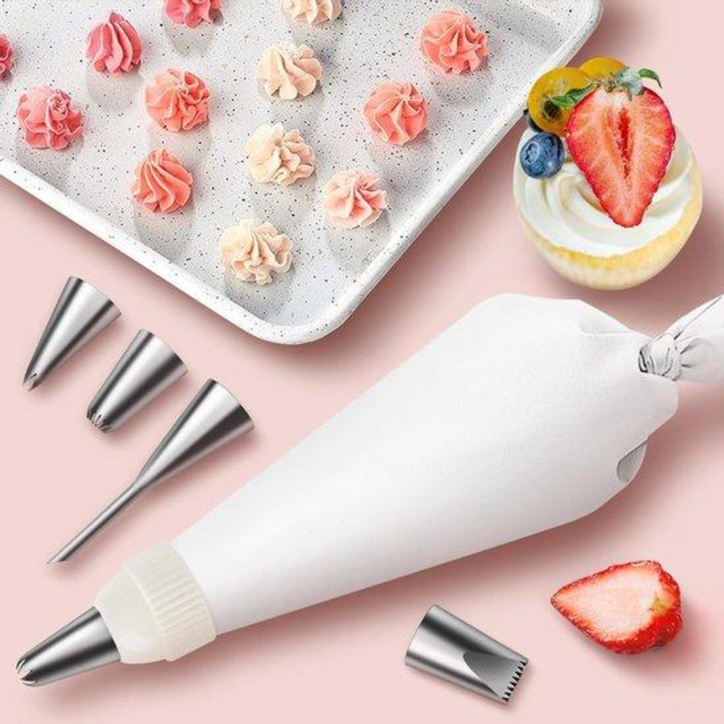 40 cm herbruikbare Kunststoff-Spritzbeutel mit 7 Spritzmundern und einer verdickten Adapter, 18/8 Edelstahl-Spritzmundern für Dekorationen auf Kuc...