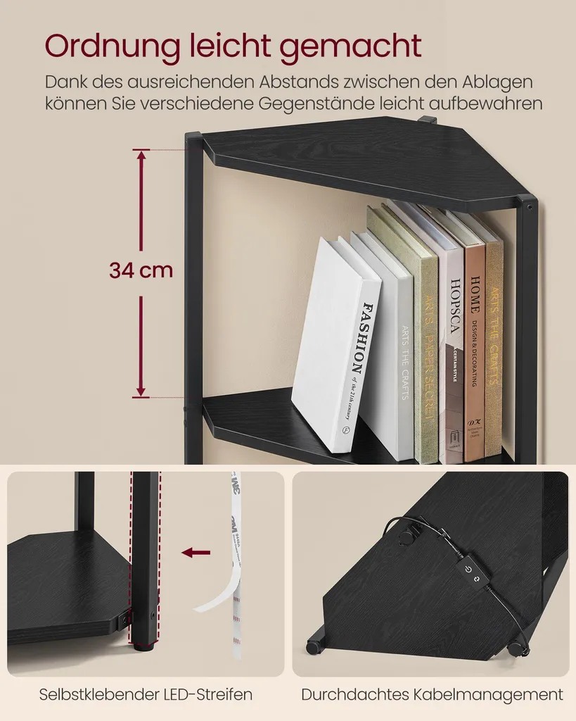 Bibliothèque d'angle 5 tablettes et LED intégrées - Rangement Noir Ébène
