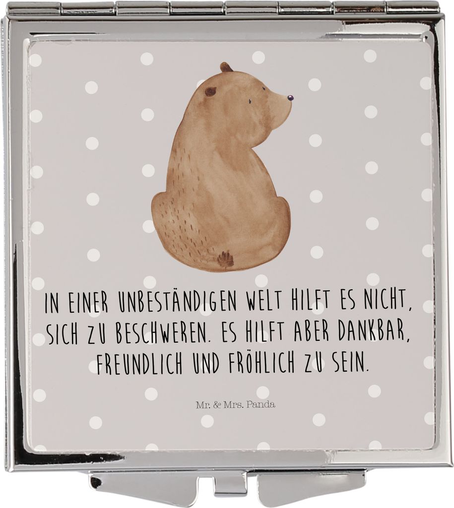 Mr. & Mrs. Panda Kosmetikspiegel Bär Schulterblick - Grau Pastell - Geschenk, Kleiner Spiegel, Teddy, Selbstachtung, Schminkspiegel, Handspiegel, ...