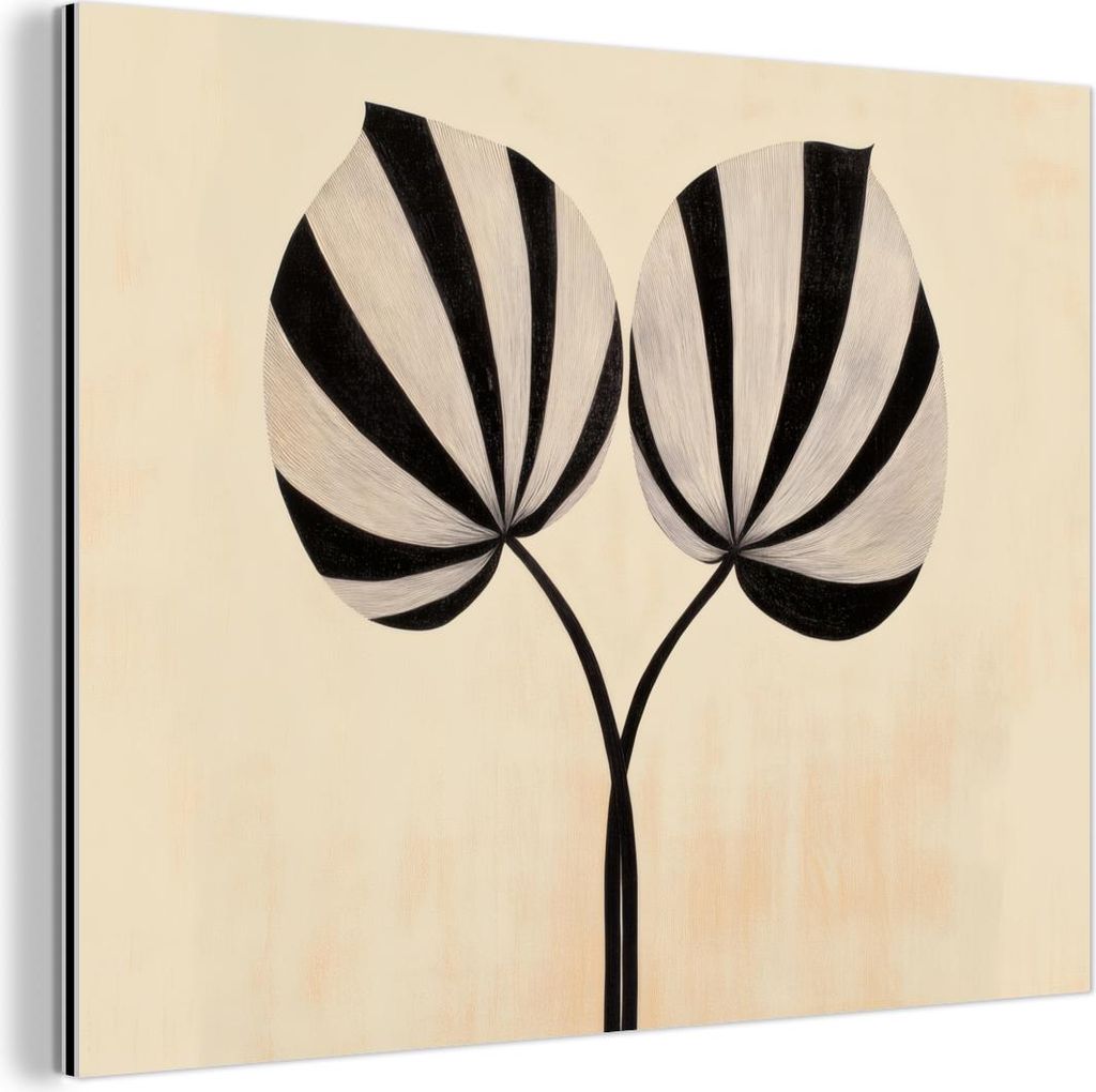 MuchoWow Wanddekoration Metall Metallbild Wandkunst 80x60 cm Blätter - Gestreift - Stängel - Beige MuchoWow Aluminium Gemälde - Alubild