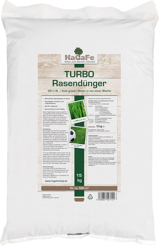 HaGaFe TURBO Rasendünger 20% N, 1 x 15kg, Dünger, Volldünger, Spezialdünger, mit Sofort und Langzeitwirkung, sattes Grün in 1. Woche