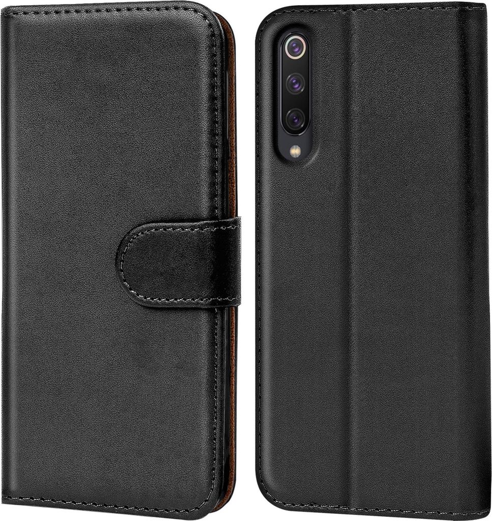 A black flip case for a smartphone, shown from the front and back.