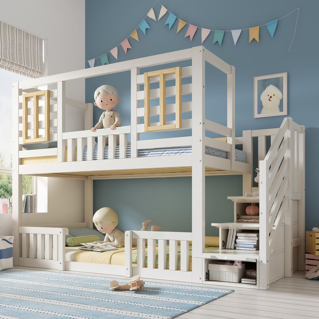Flieks Etagenbett 90x200cm mit Treppe, Kinderbett Hausbett mit Fenster und Rausfallschutz, Hochbett Einzelbett mit Lattenrost, Weiß