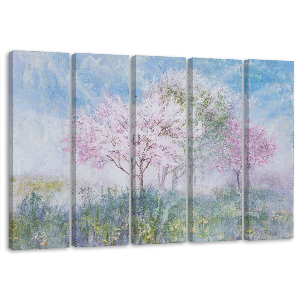 5-teiliges leinwandbild blühender baum auf der wiese 100x70 cm Feeby blau wandbild bereit zum aufhängen