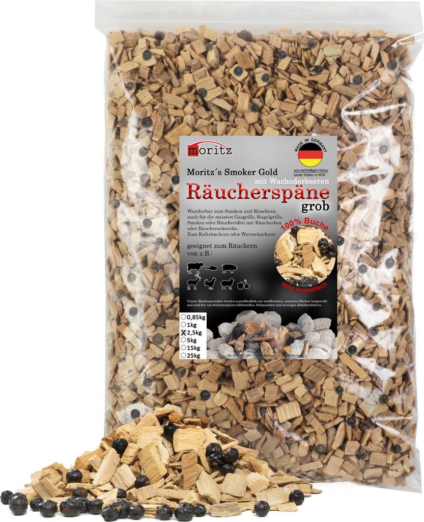 Moritz 2,5kg Räucherspäne Buche mit Wacholder grob 6 -12 mm Räuchern I Kalträuchern von Fisch Fleisch Wurst Käse Gemüse auch für BBQ I Grill...