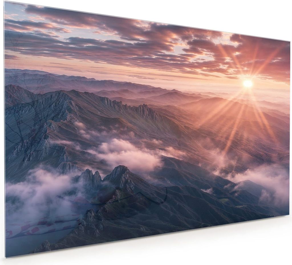 Küchenrückwand Spritzschutz Glas mit Motiv Sonnenaufgang Berge 40 x 40 cm