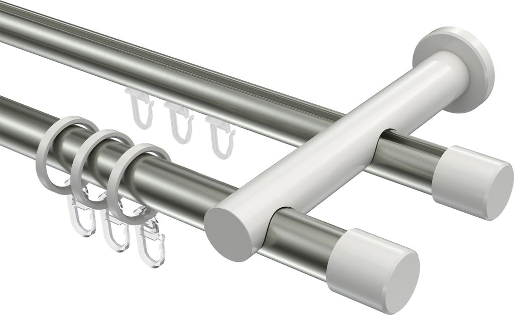 Interdeco Rundrohr-Innenlaufstange / Gardinenstange (Kombination) Edelstahl-Optik / Weiß, Typ Platon Santo (Kappe), 20 mm Ø 2-läufig, 220 cm