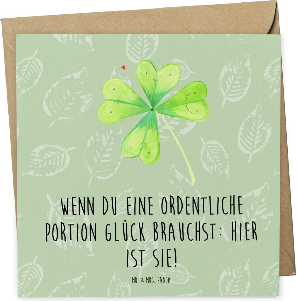 Mr. & Mrs. Panda Glückwunschkarte Blume Kleeblatt - Blattgrün - Geschenk, Grußkarte, Motivation, Garten, Klappkarte, anlasskarte, Neuer Job, dop...