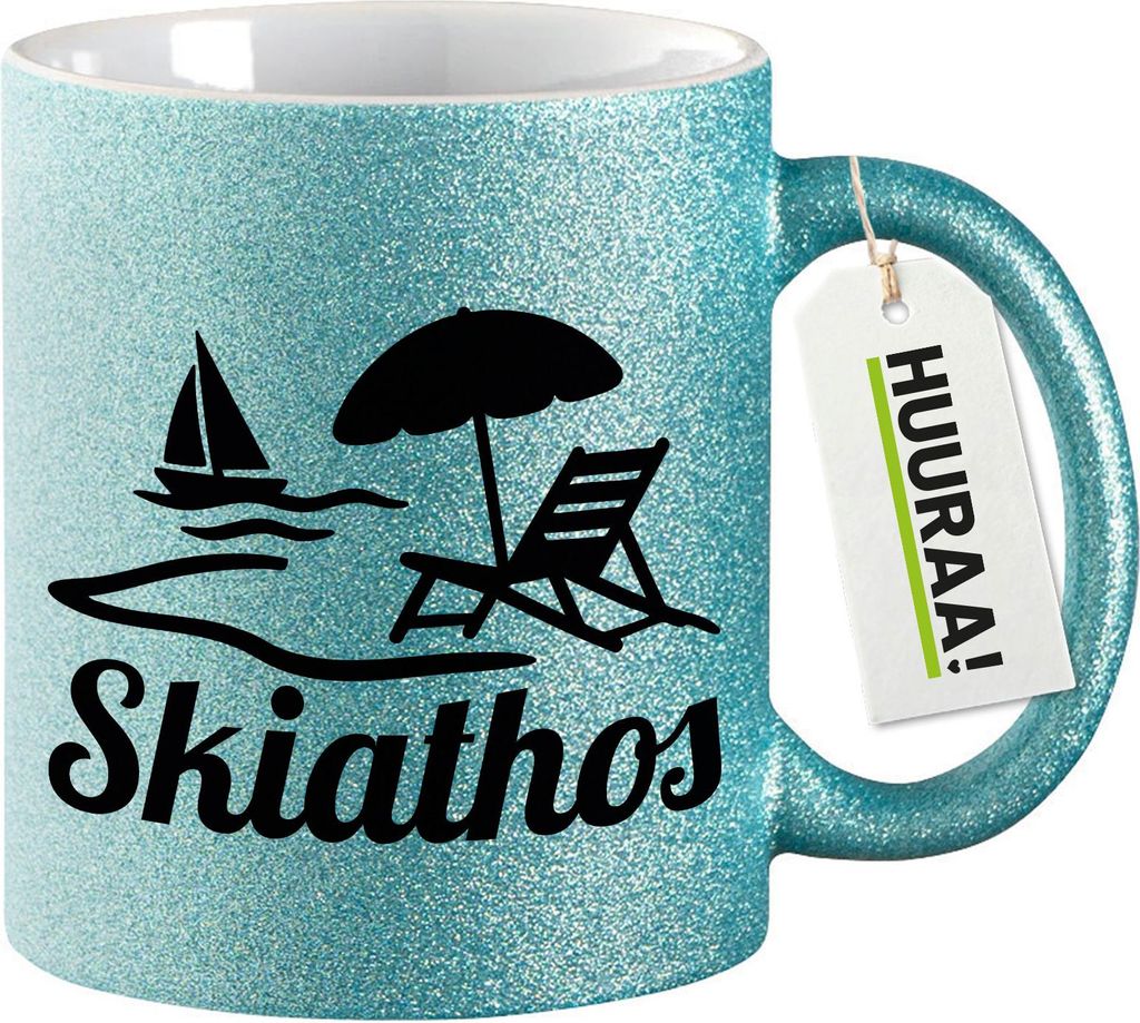 Huuraa Glitzertasse Skiathos Inselmotiv Griechenland 330ml Blau Keramik Kaffeebecher Geschenkidee