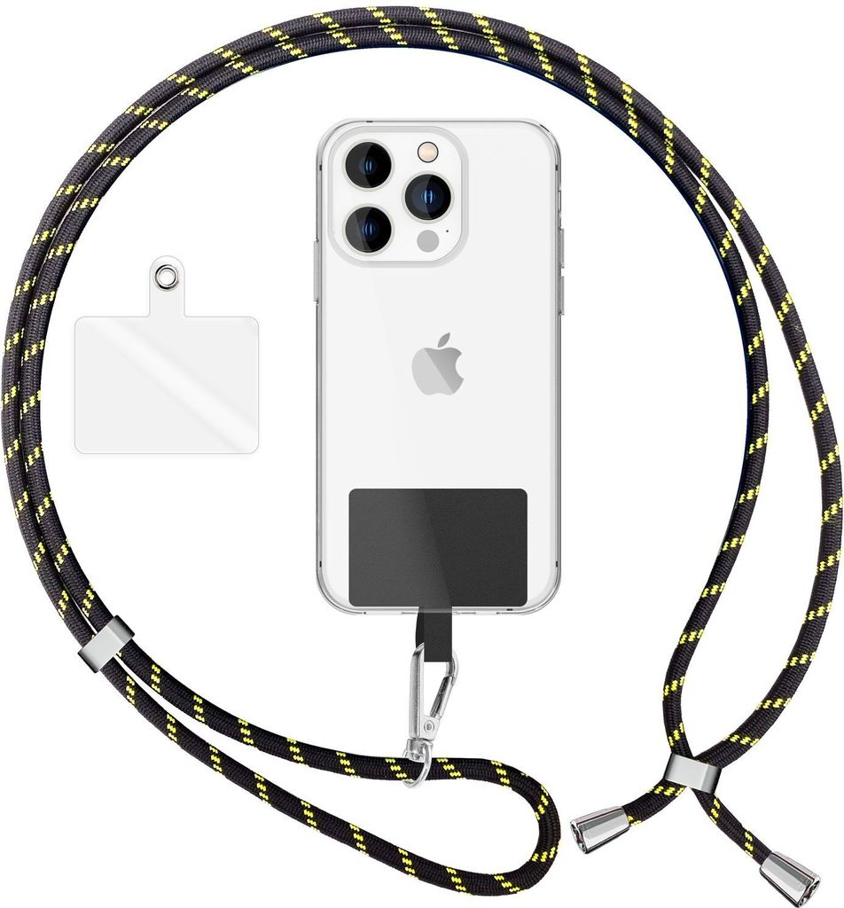 NALIA Universal Lanyard mit 2 Pads & Karabinerhaken - 160cm Handykette zum Umhängen - Schwarz Gelb