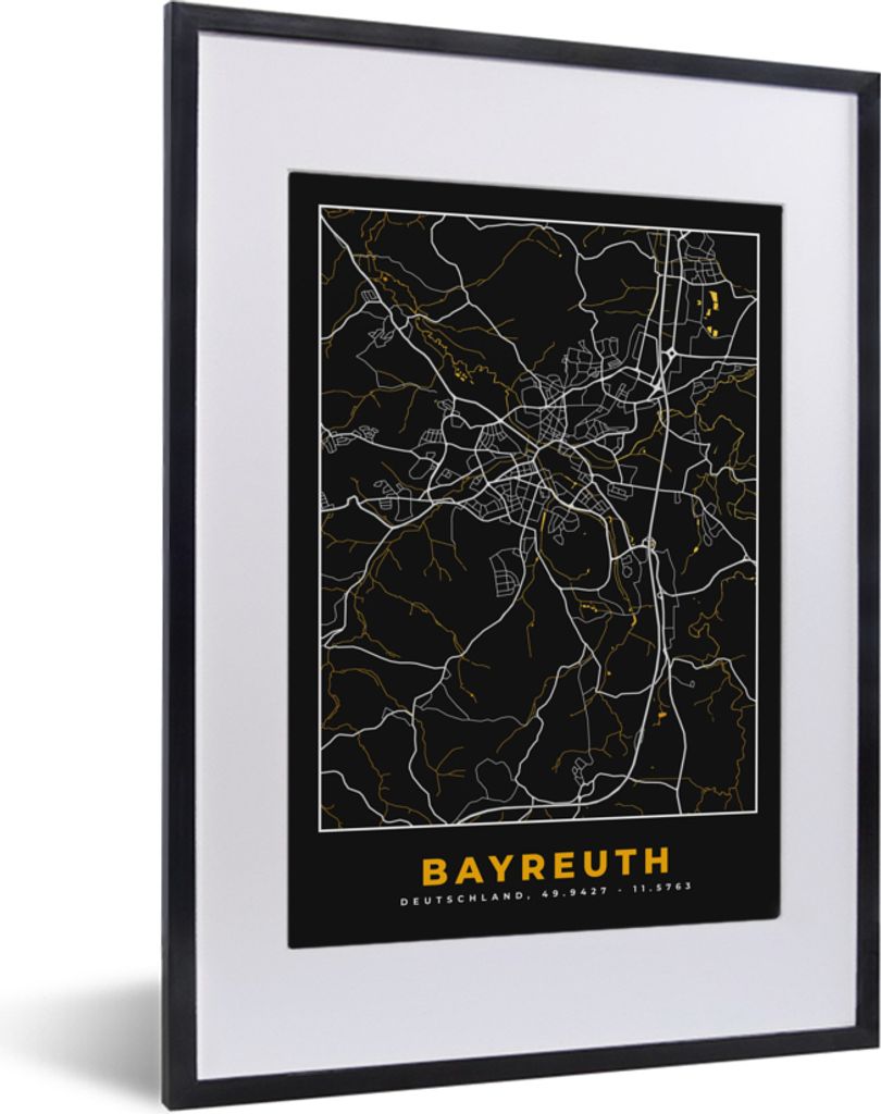 MuchoWow Gerahmtes Poster Deutschland - Schwarz und Gold - Bayreuth - Stadtplan - Karte 30x40 cm - Poster mit Schwarzem Bilderrahmen Wandposter R...