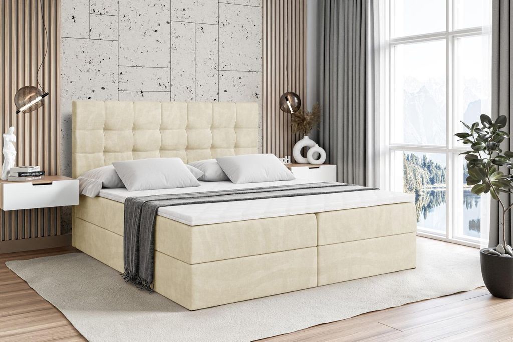 ALTDECOR Boxspringbett mit Matratze und Lattenrost - BERO - 120x200 cm - Beige Monolith - Boxbett, Topper, Polsterbett mit Bettkasten, Bett mit Sta...