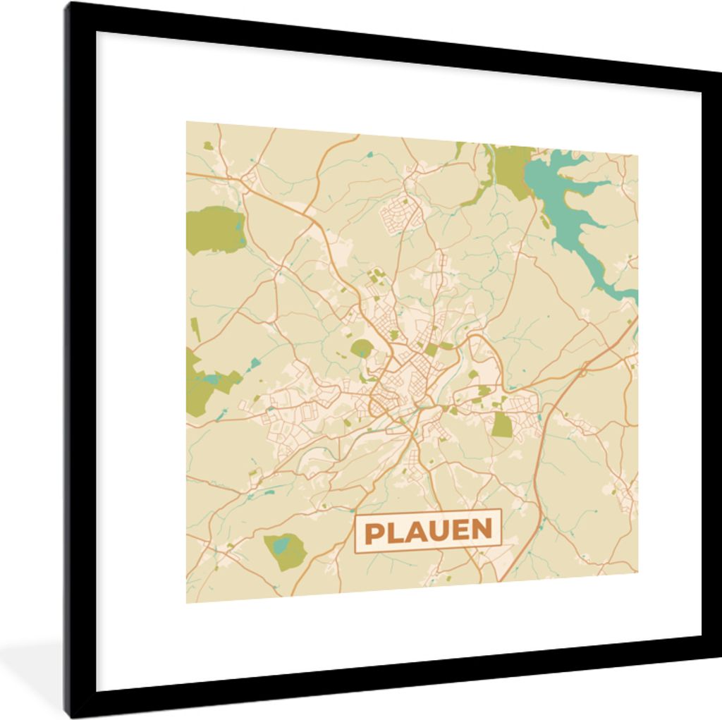 MuchoWow Gerahmtes Poster Karte - Plauen - Vintage - Stadtplan 40x40 cm - Poster mit Schwarzem Bilderrahmen Wandposter Rahmen Foto Bilder - Poste...