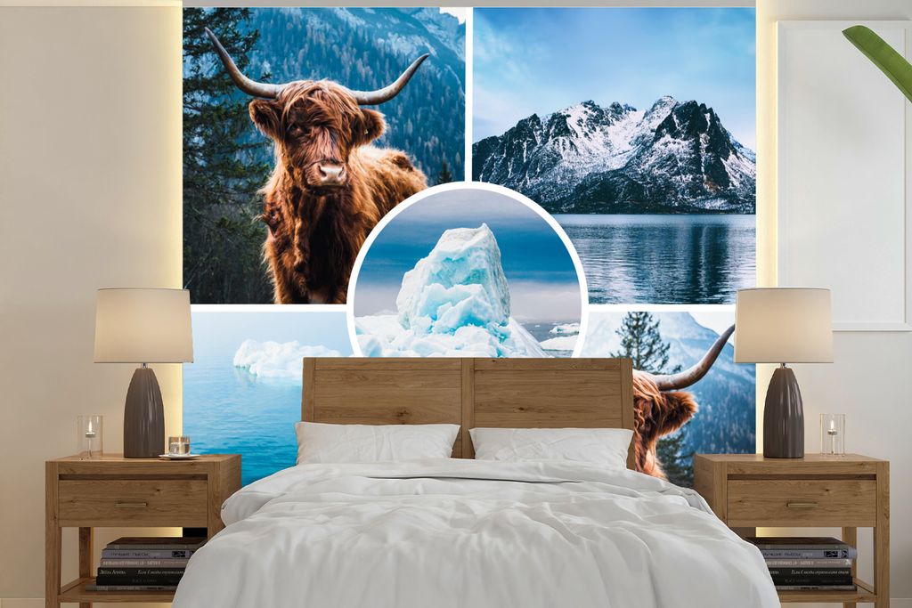 MuchoWow Fototapete für Wohnzimmer oder Schlafzimmer Wandtapete Vinyl Motivtapete Schottischer Highlander - Collage - Eis - Berg - 220x220 cm - ...