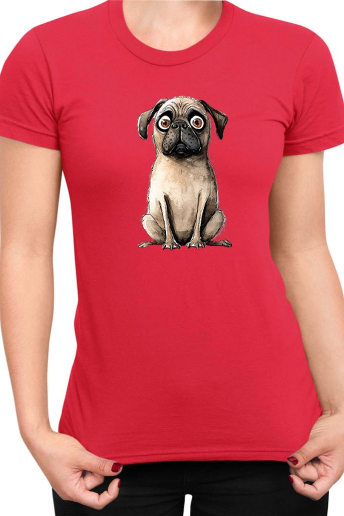 Damen T-Shirt Funny Dogs Breeds Pug Dog Breed 020, Lady XS / Rot