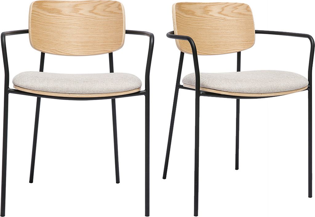 Miliboo - Helle Eichenholzstühle, Texturierter Samteffekt in Beige und Schwarzem Metall (2er-Set) SUSAN