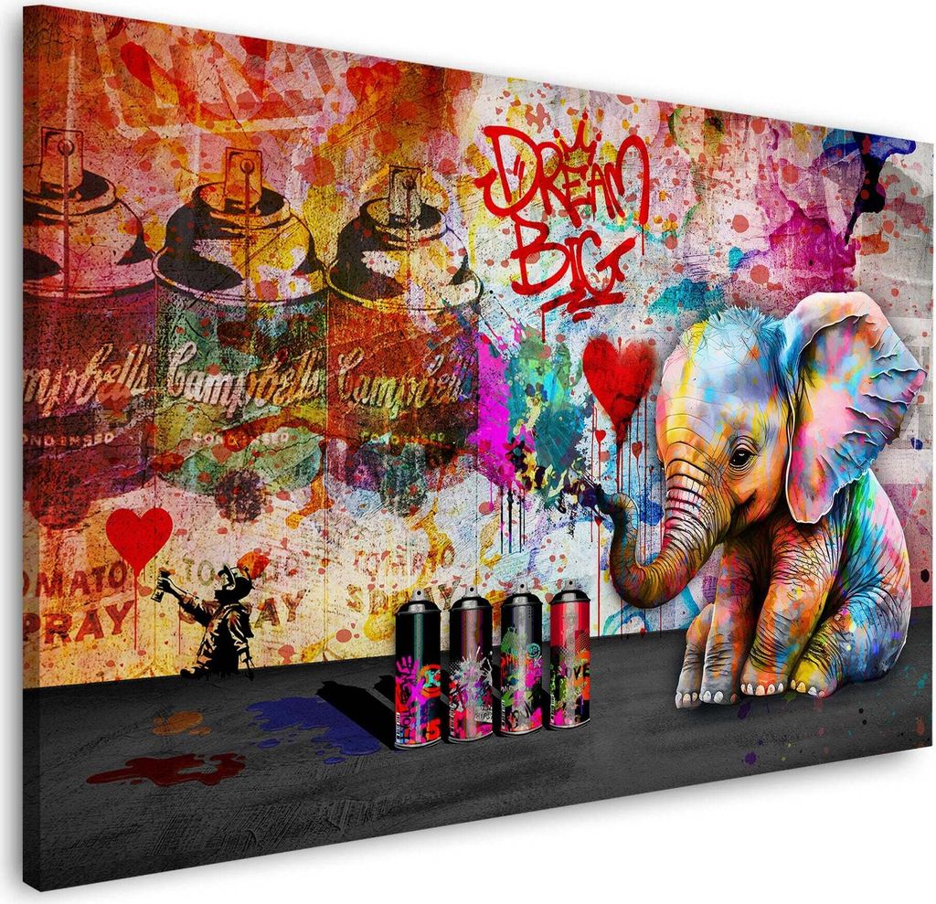 Street Art Elefant mit Spraydosen Wandbild Leinwandbild Kunstdruck XL Wanddeko: 150x100x4cm