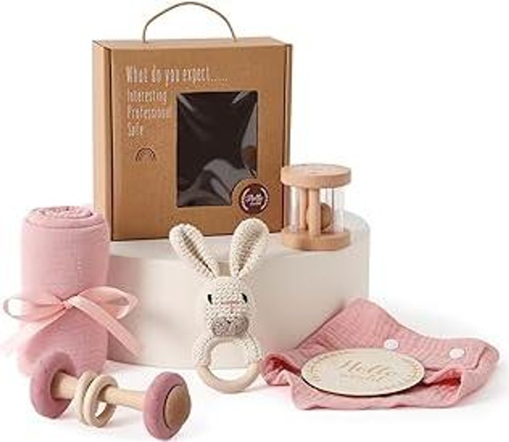 Neugeborenen Geschenk, 6-Teilig Baby Geschenkset Mädchen Junge - Badetücher, Lätzchen, Holzspielzeug, Gehäkelte Hasenrassel und Meilensteinkart...