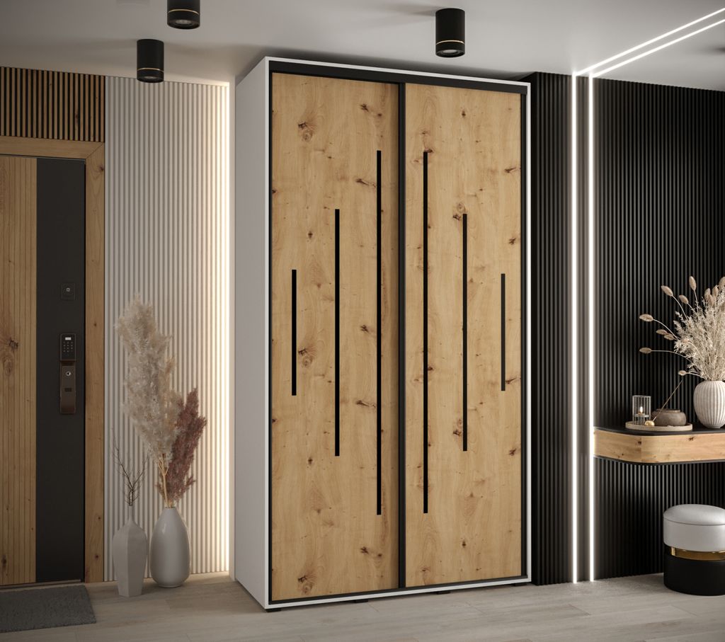 Kleiderschrank ASIRI 12 - 140/60 cm, weiß / Eiche handwerklich / schwarz