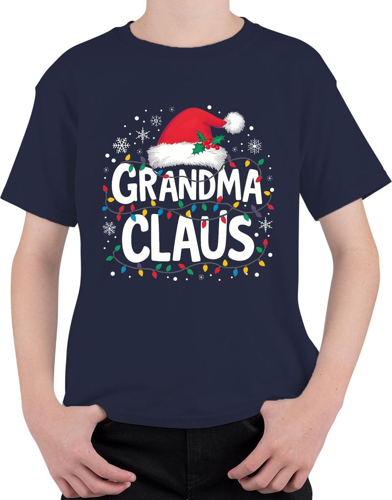 Grandma Claus Oma Weihnachten Lichterkette Schneeflocken Geschenk Uni Kinder T-Shirt, Navy, 128