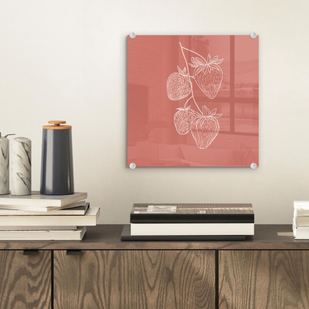 MuchoWow Glasbilder - Bilder auf Wandbild - Foto auf Glas Minimalistisch - Illustration - Erdbeere - Zweig 40x40 cm Wanddekoration aus Glas - Acryl...
