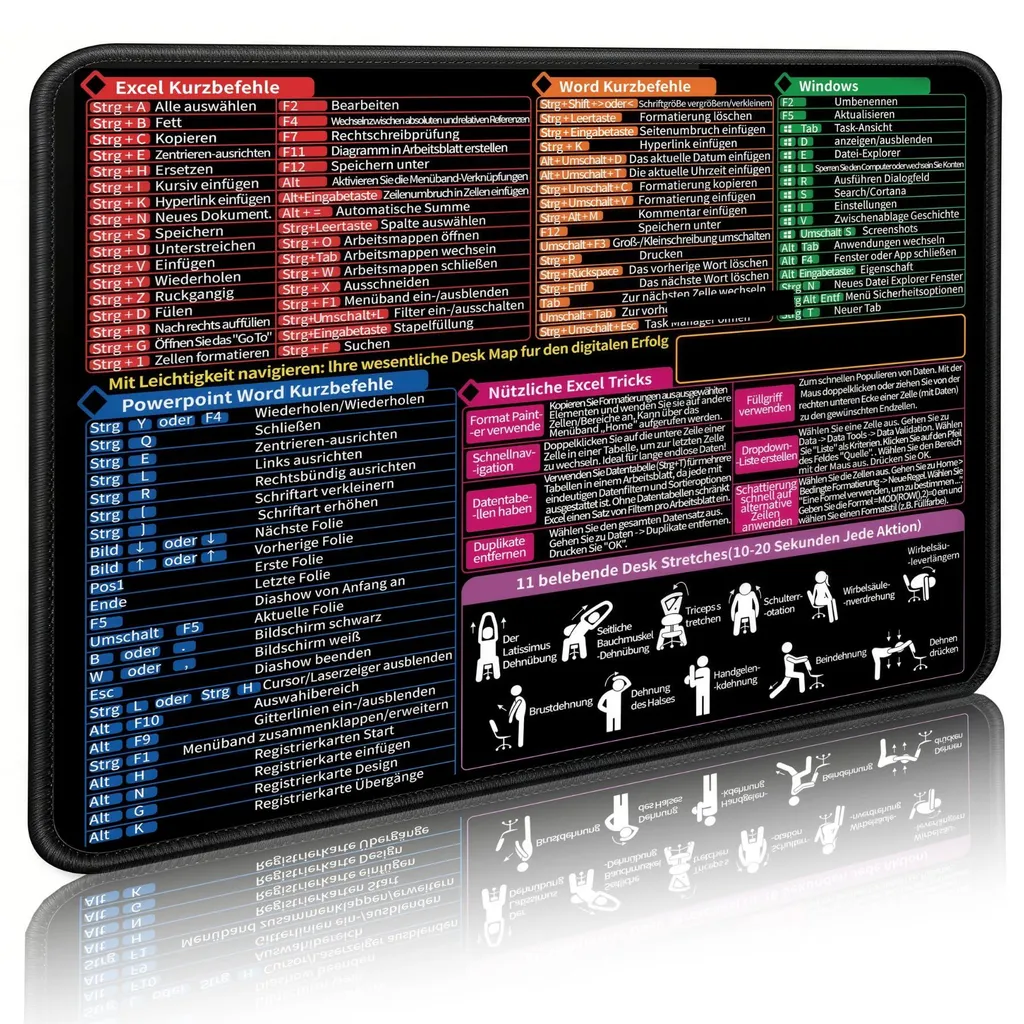 Sous-main bureautique avec aide-mémoire Excel et tapis de souris noir