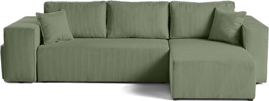 Best Möbel Topaze - 4-Sitzer Ecksofa beidseitig montierbar - Schlaffunktion und Bettkasten, Tablet und Poufs - aus Cordstoff , Salbeigrün