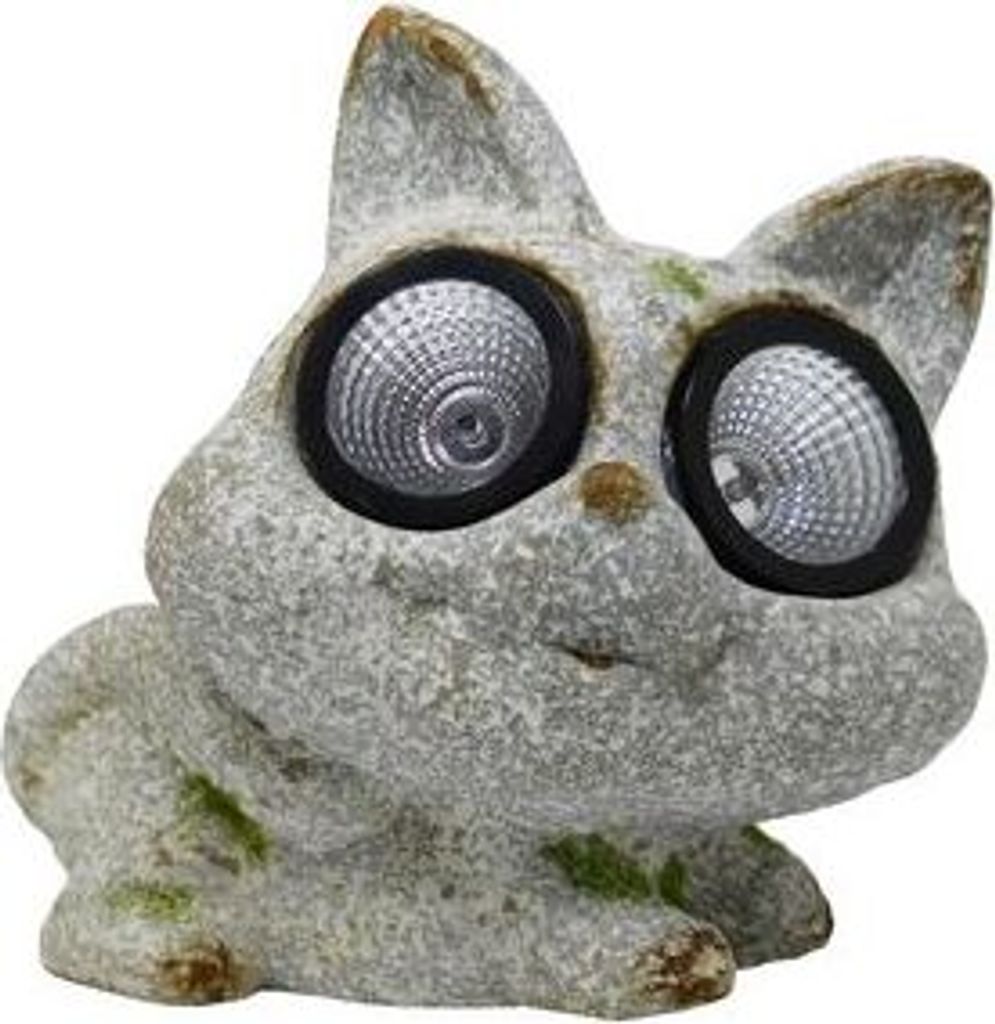 Gartenfigur Katze 2 LEDs Dämmerungssensor Steinoptik Keramik H 21 cm