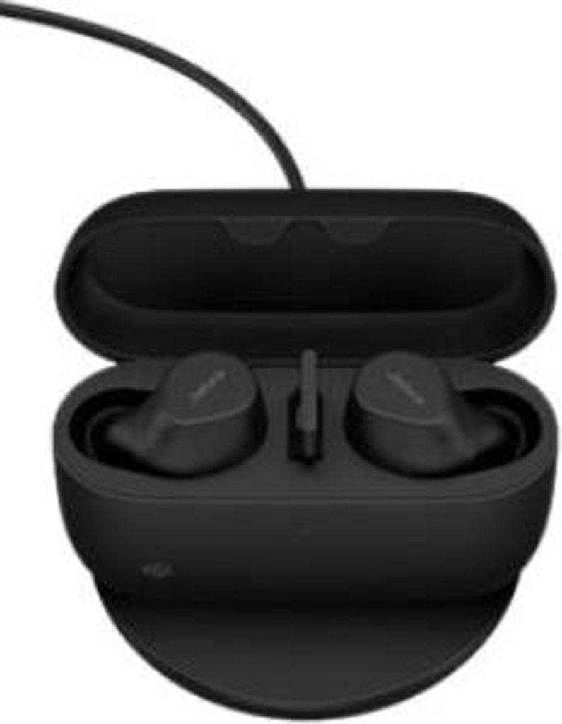 A pair of black true wireless earbuds in their charging case, with a cable attached.