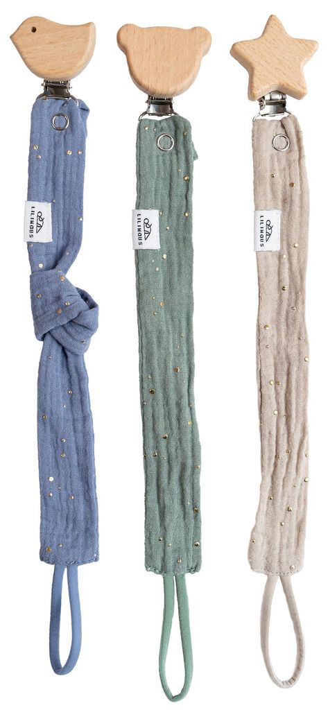Schnullerketten 3er-Set Hellbeige, Blau, Eukalyptus mit Produktbild 